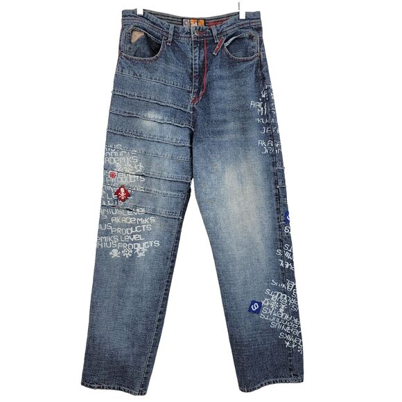 Akademiks Mens Jeans Size 34x32 Spell Out Skull & Crossbones Patch Jeanius Level